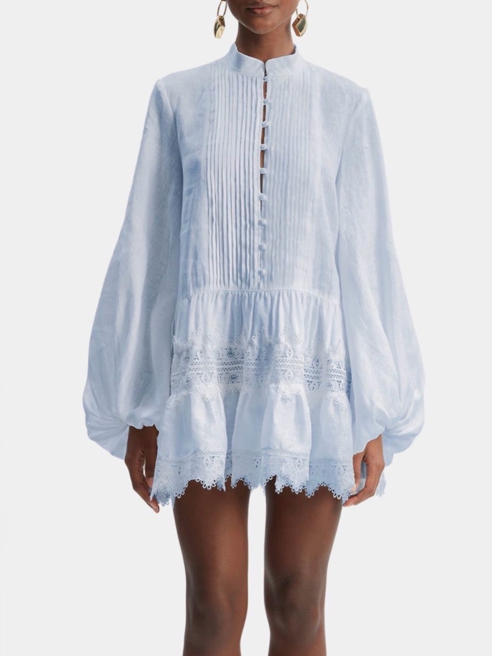Bardot Light Blue Pintuck & Lace Mini Dress